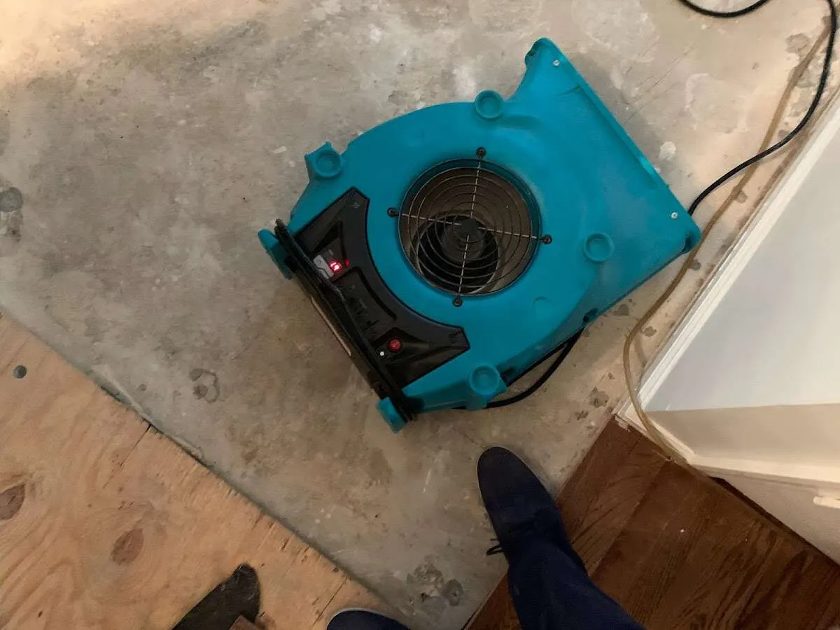 Air mover drying subfloor during Commercial Water Damage Restoration in Colesville